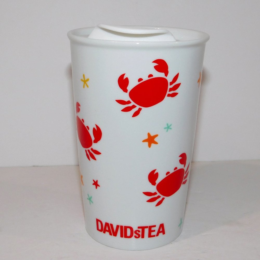 David's Tea Red Crabs Starfish White Ceramic Travel On the Go Tumbler Mug w Lid